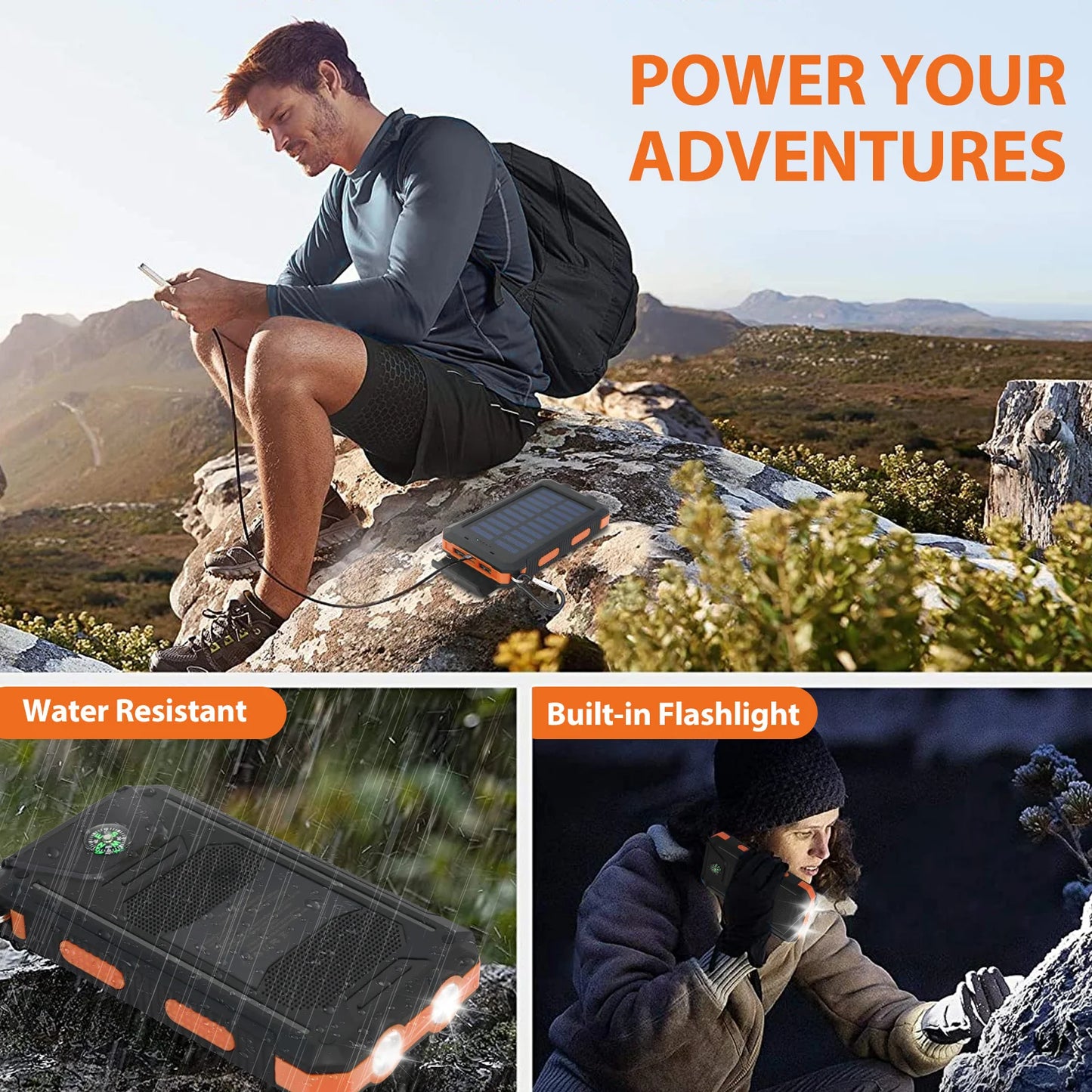 20000Mah Solar Power Bank Portable Solar Charger Waterproof Dual 5V USB Ports 2 LED Light Flashlight for Cell Iphone Outdoor